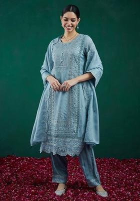 Blue Embroidered Organza Salwar Kameez With Dupatta