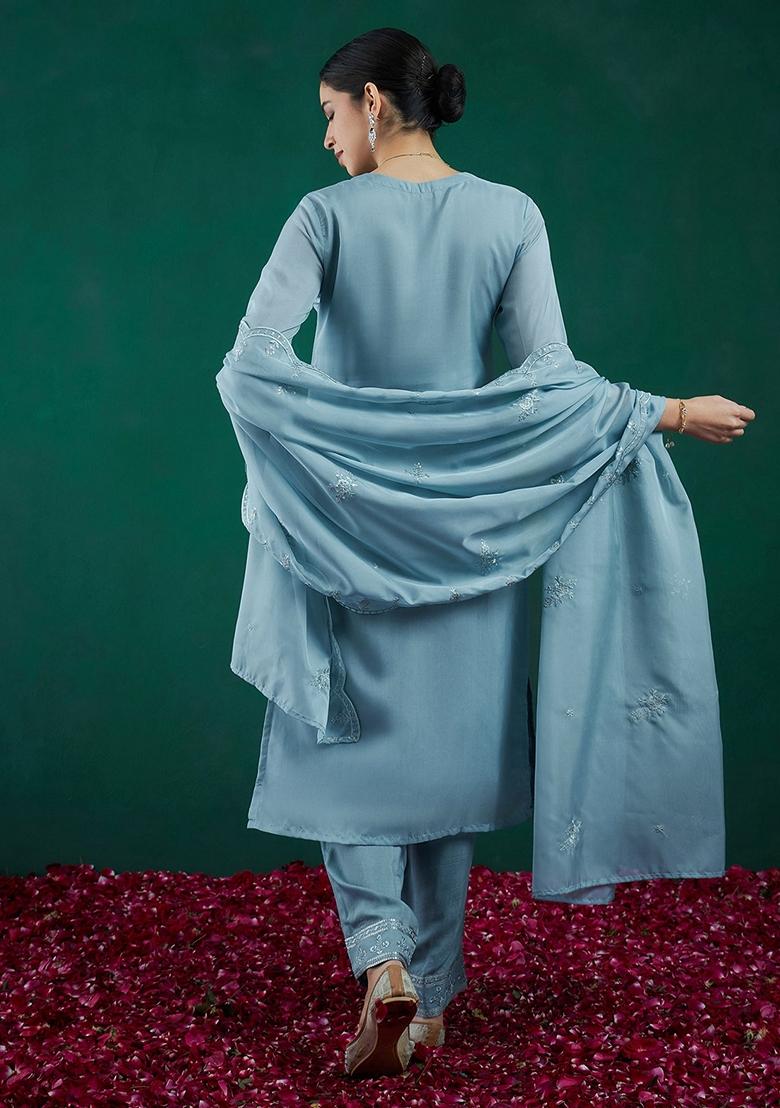 Blue Embroidered Organza Salwar Kameez With Dupatta