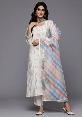 Cream Embroidered Pure Cotton Salwar Kameez With Dupatta