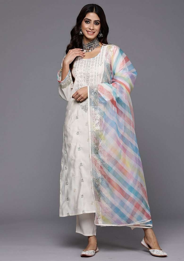 Cream Embroidered Cotton Straight Kurta Set - Indya