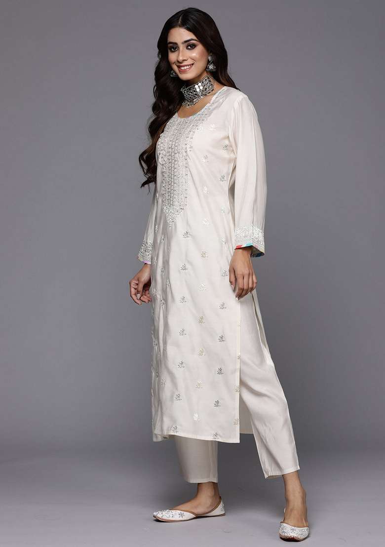 Cream Embroidered Cotton Straight Kurta Set - Indya