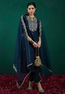 Teal Blue Embroidered Liva Salwar Kameez With Dupatta
