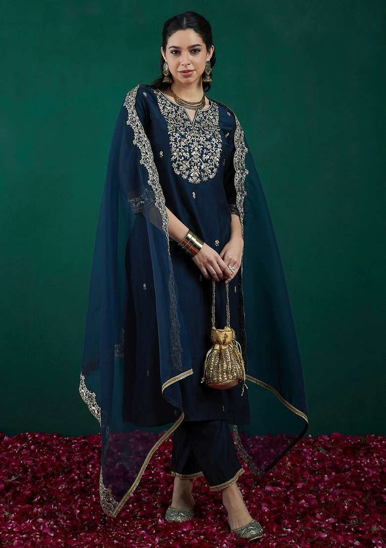 Teal Blue Embroidered Liva Straight Kurta Set - Indya