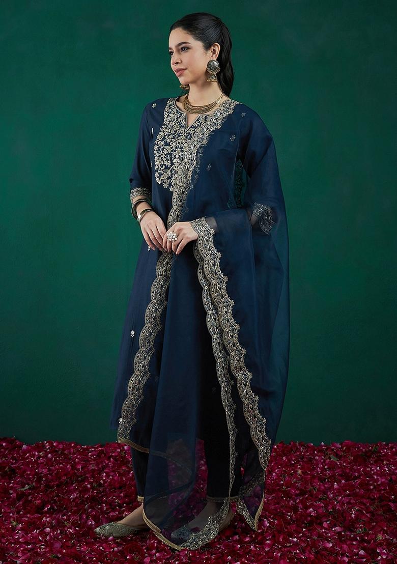 Teal Blue Embroidered Liva Salwar Kameez With Dupatta