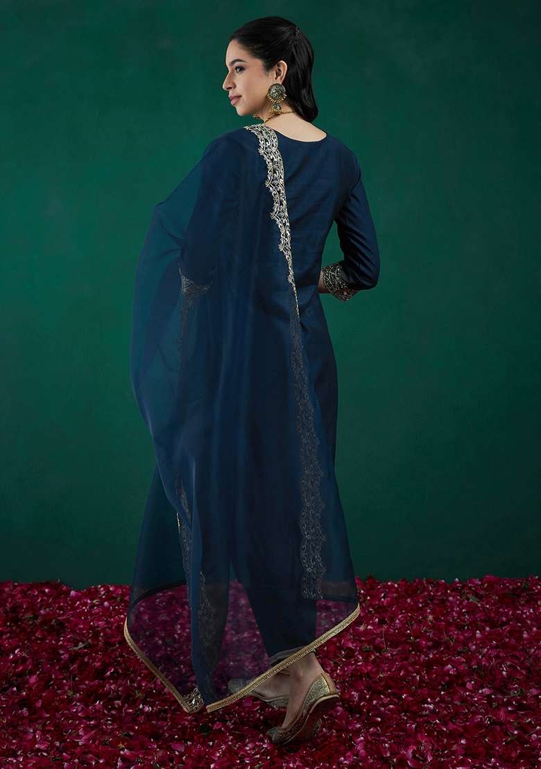 Teal Blue Embroidered Liva Straight Kurta Set - Indya