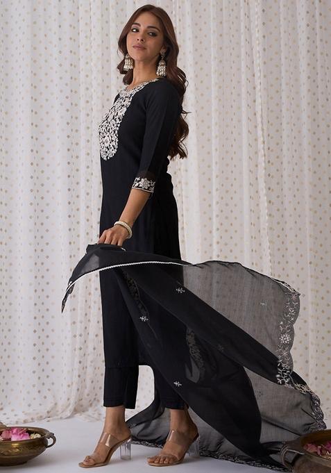 Black Embroidered Liva Salwar Kameez With Dupatta