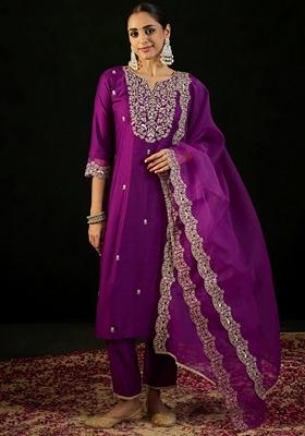 Purple Embroidered Liva Salwar Kameez With Dupatta