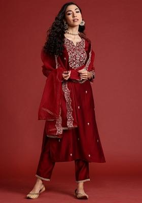 Maroon Embroidered Liva Salwar Kameez With Dupatta