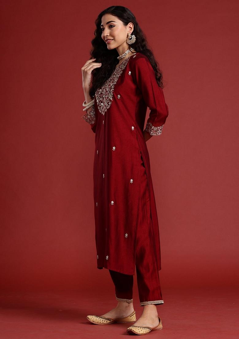 Maroon Embroidered Liva Salwar Kameez With Dupatta