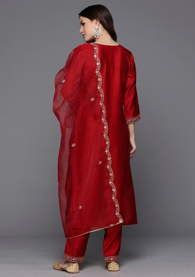 Red Embroidered Silk Blend Salwar Kameez With Dupatta