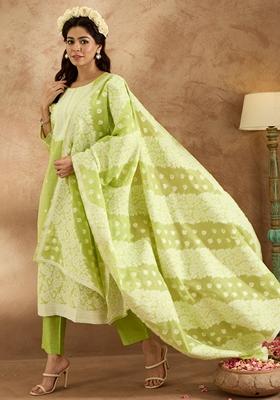 Fluorescent Green Woven Design Silk Blend Salwar Kameez With Dupatta