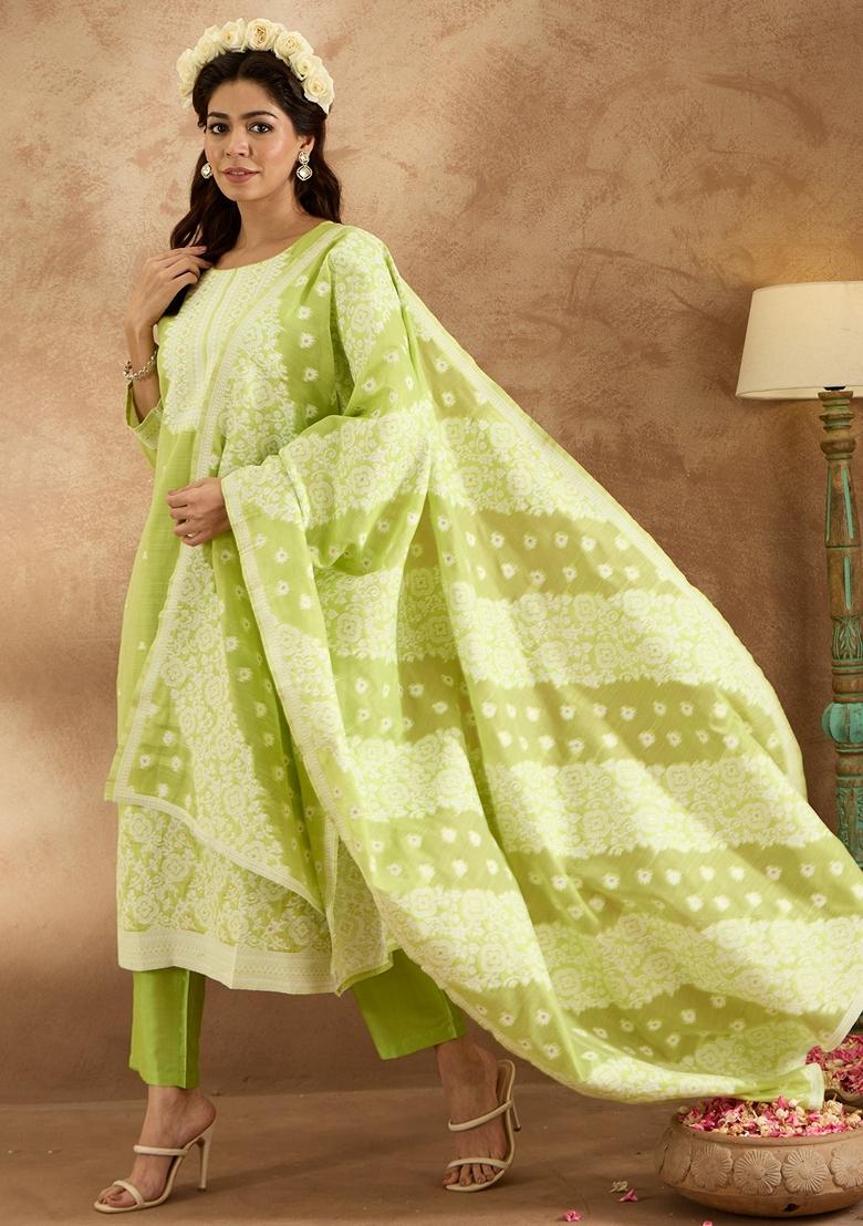 Fluorescent Green Woven Design Silk Blend Salwar Kameez With Dupatta