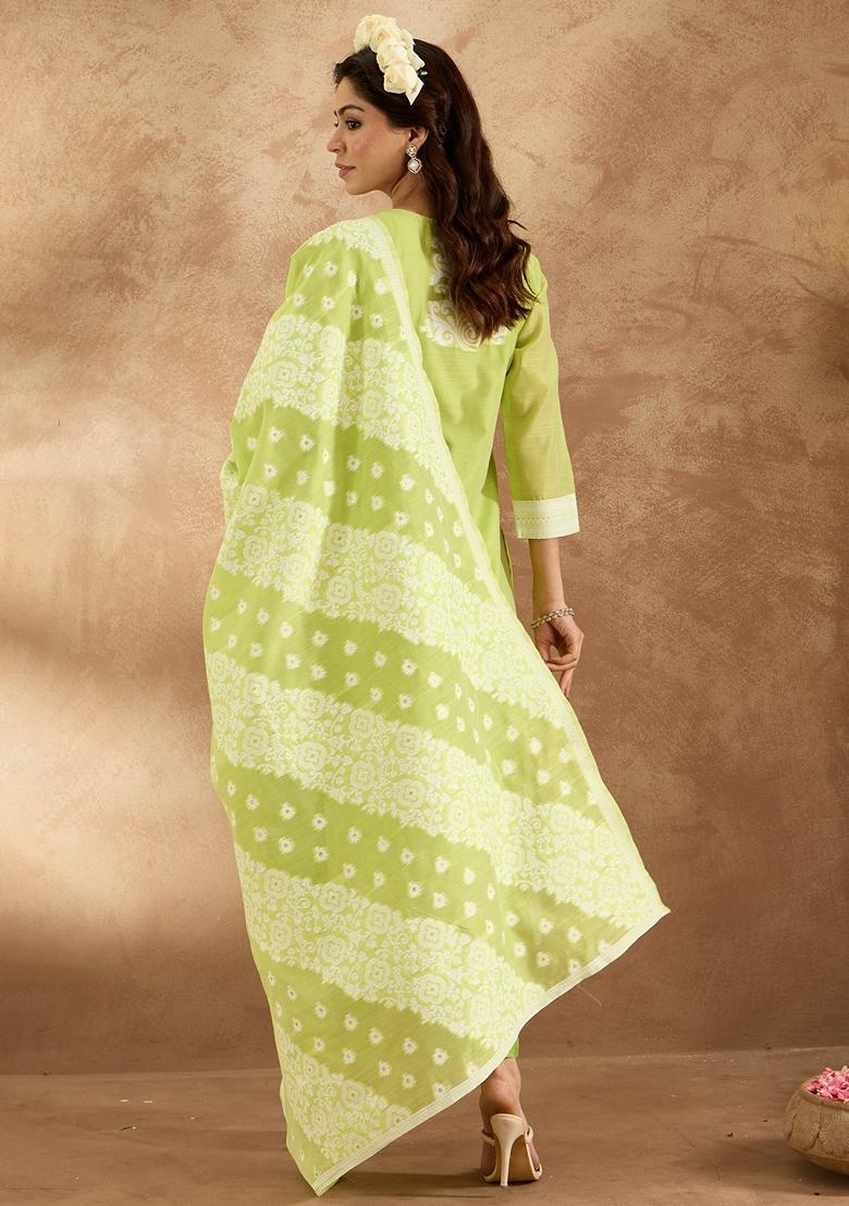 Fluorescent Green Woven Design Silk Blend Salwar Kameez With Dupatta