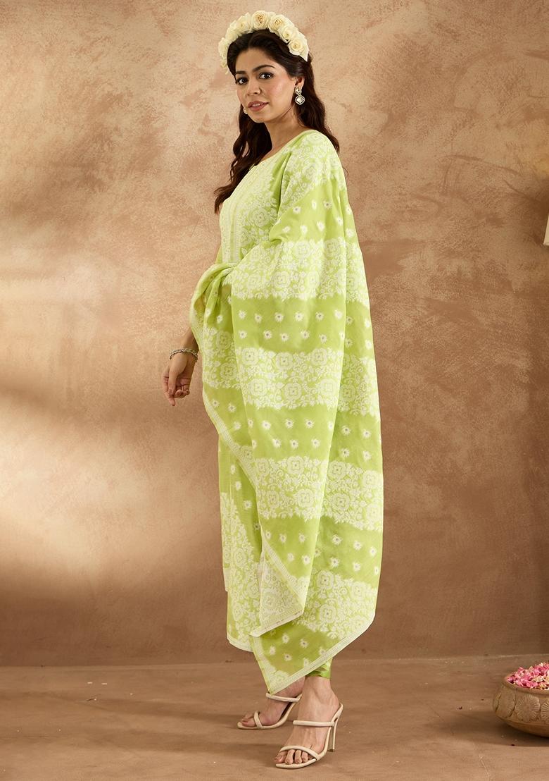 Fluorescent Green Woven Design Silk Blend Salwar Kameez With Dupatta