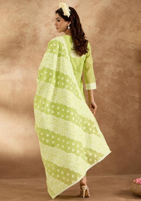 Fluorescent Green Woven Design Silk Blend Salwar Kameez With Dupatta