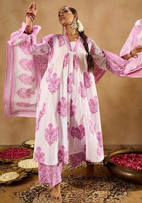 White Printed Pure Cotton Palazzo Set With Dupatta