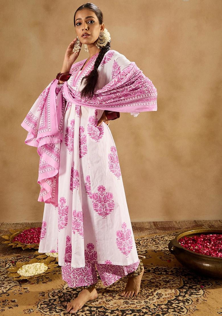 White Printed Pure Cotton Palazzo Set With Dupatta