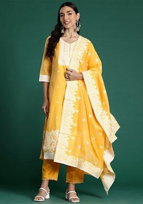 Yellow Woven Design Chanderi Salwar Kameez With Dupatta