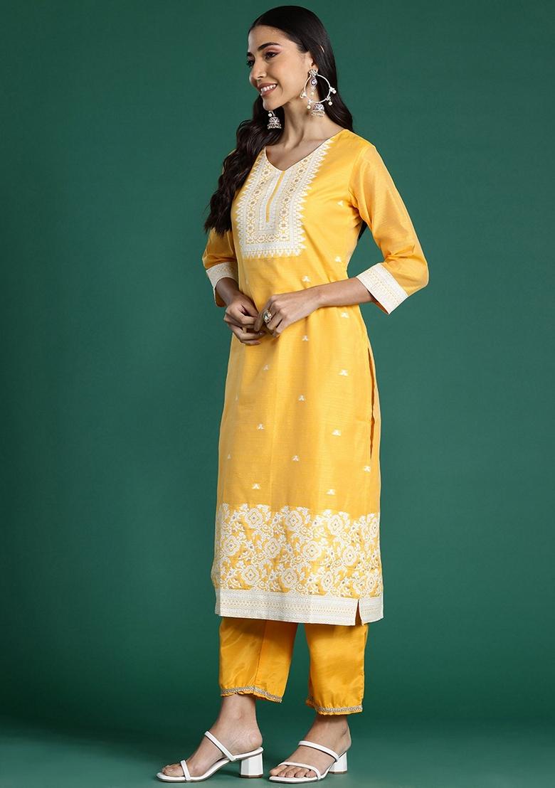 Yellow Woven Design Chanderi Salwar Kameez With Dupatta