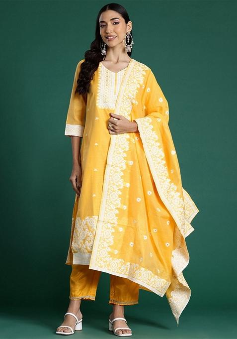 Yellow Woven Design Chanderi Salwar Kameez With Dupatta