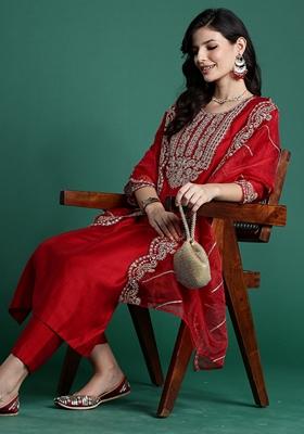 Red Embroidered Liva Salwar Kameez With Dupatta