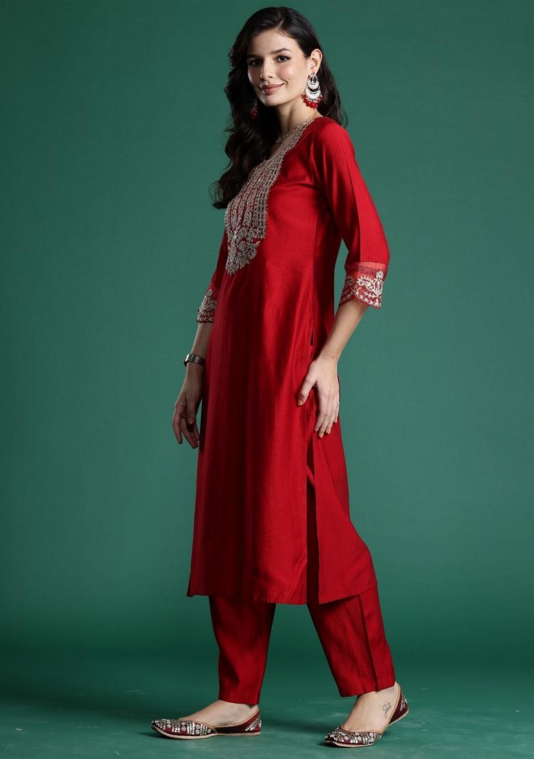 Red Embroidered Liva Salwar Kameez With Dupatta