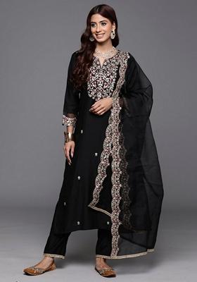 Black Embroidered Liva Salwar Kameez With Dupatta