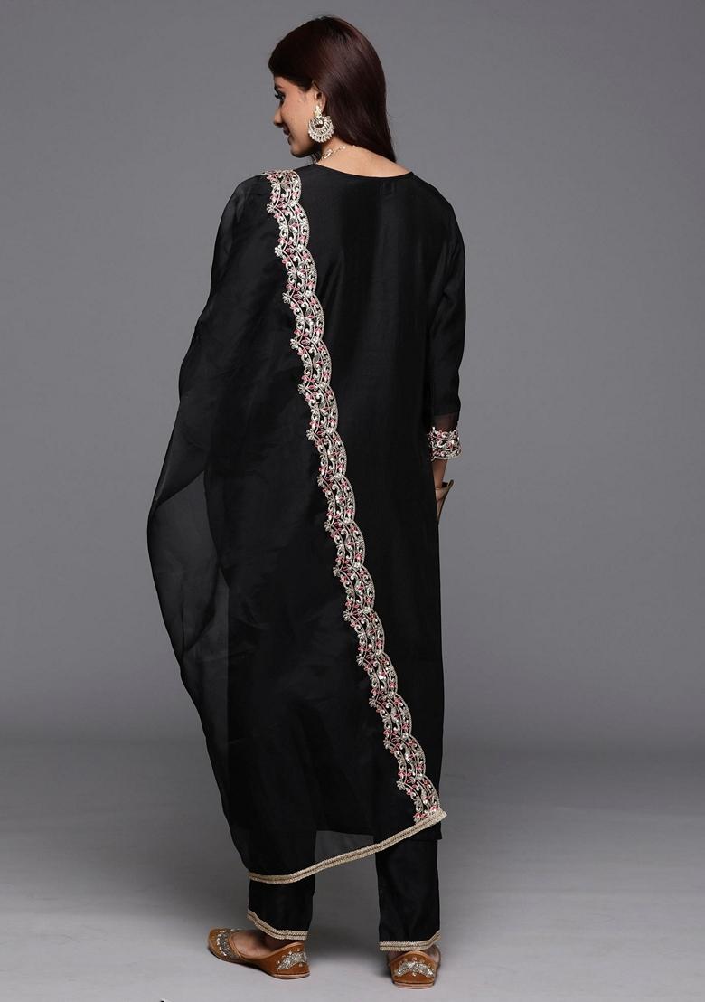 Black Embroidered Liva Salwar Kameez With Dupatta