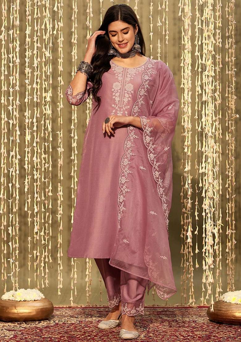 Mauve Printed Blended Straight Kurta Set - Indya