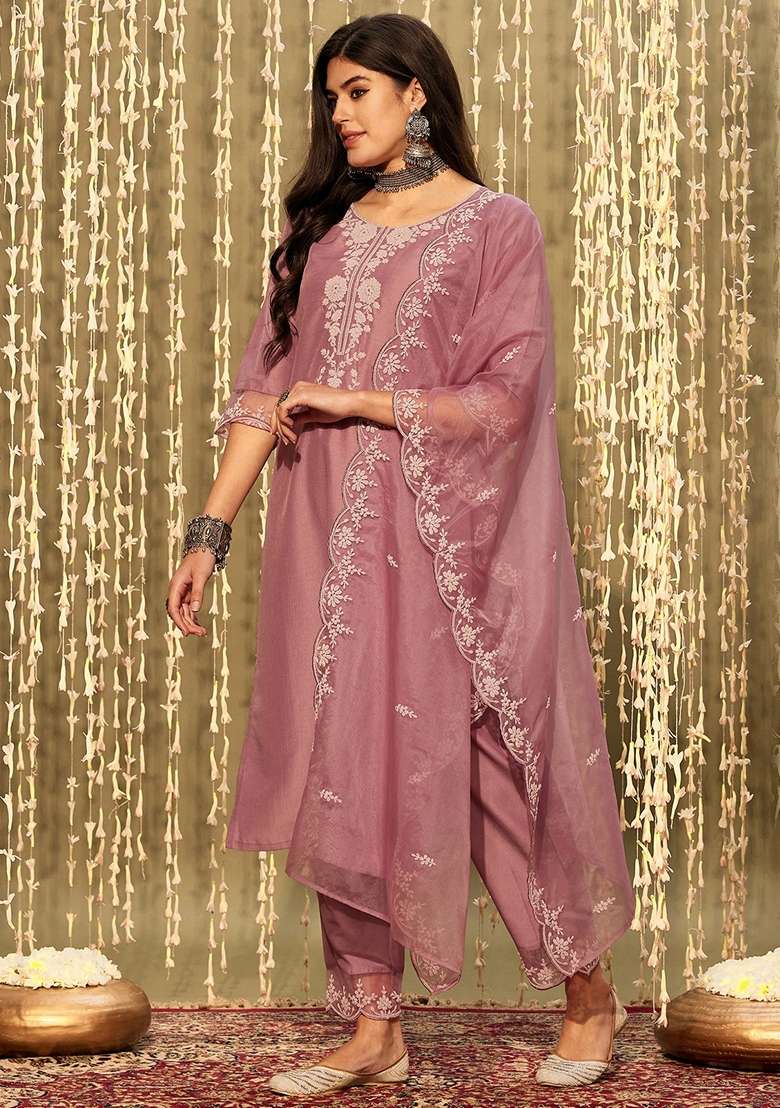 Mauve Printed Blended Straight Kurta Set - Indya