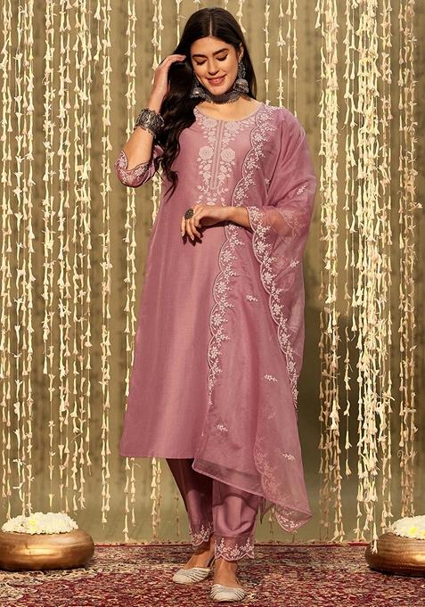 Mauve Embroidered Silk Blend Salwar Kameez With Dupatta