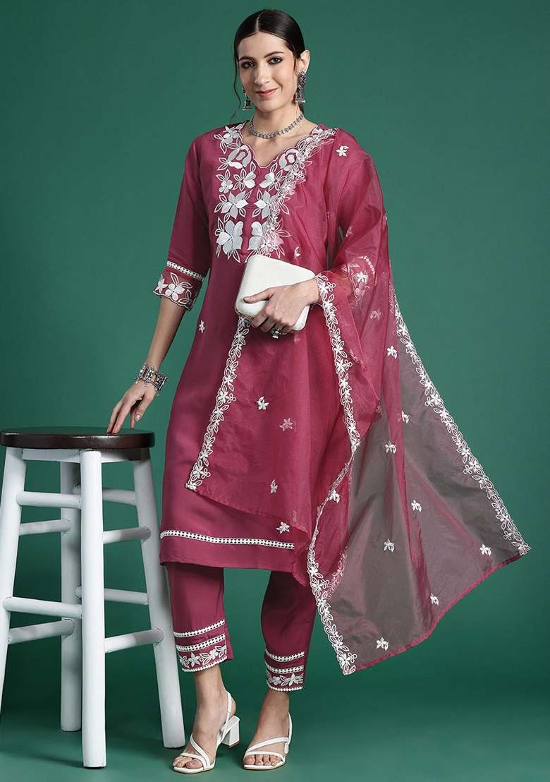Pink Printed Blended Straight Kurta Set - Indya