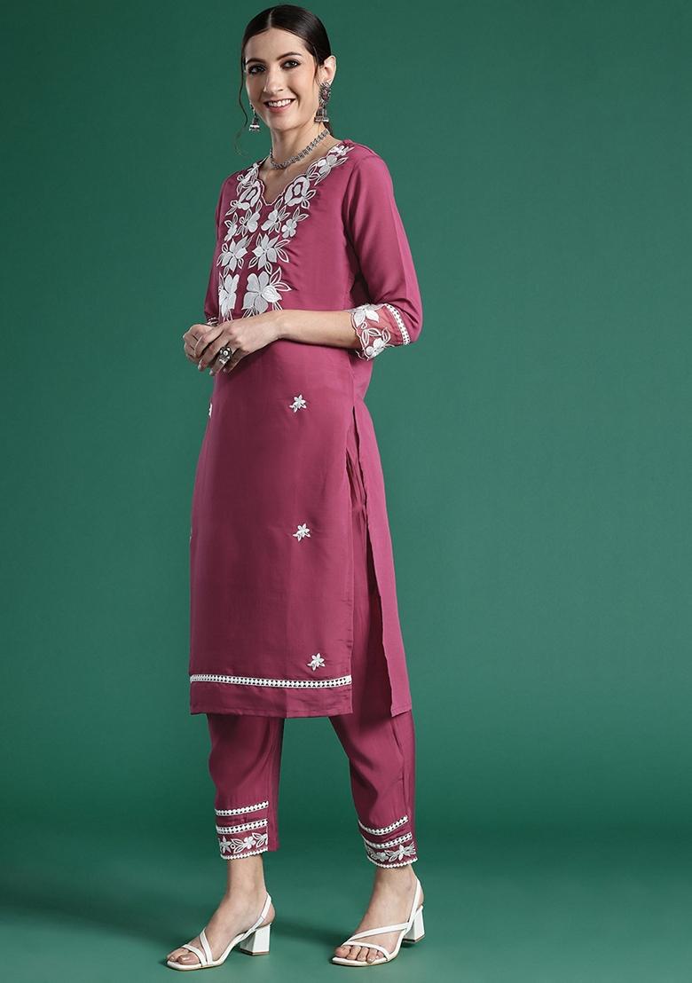Pink Embroidered Silk Blend Salwar Kameez With Dupatta
