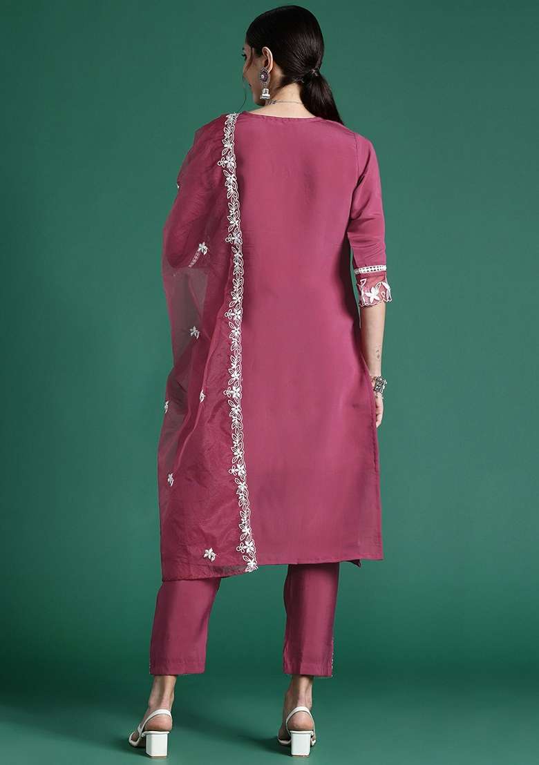 Pink Printed Blended Straight Kurta Set - Indya