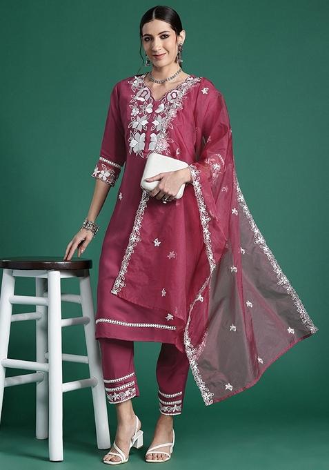 Pink Embroidered Silk Blend Salwar Kameez With Dupatta