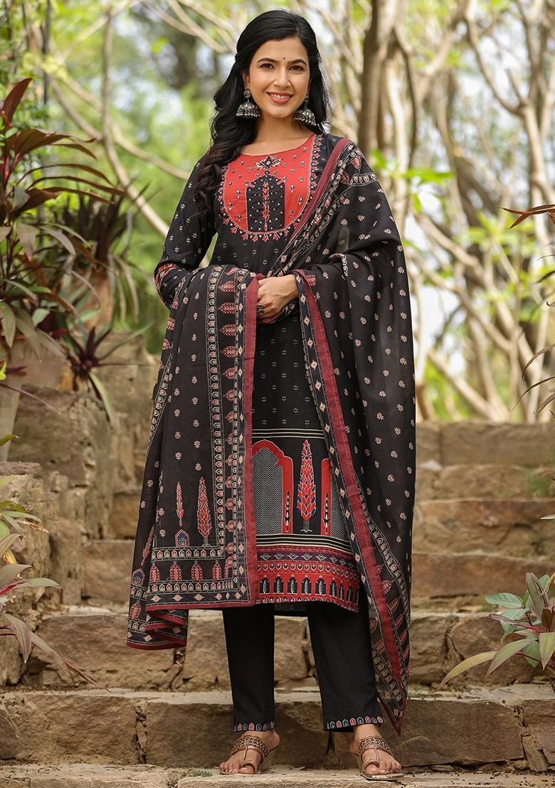 Black Printed Pure Cotton Salwar Kameez With Dupatta