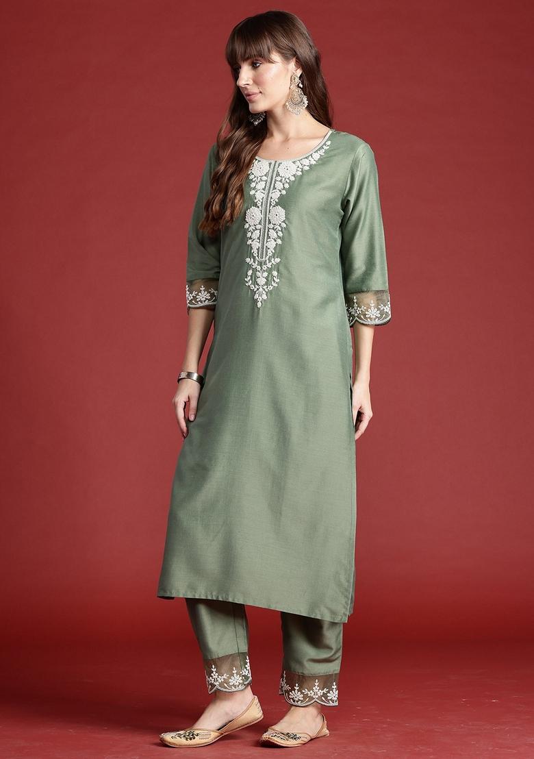 Green Embroidered Silk Blend Salwar Kameez With Dupatta