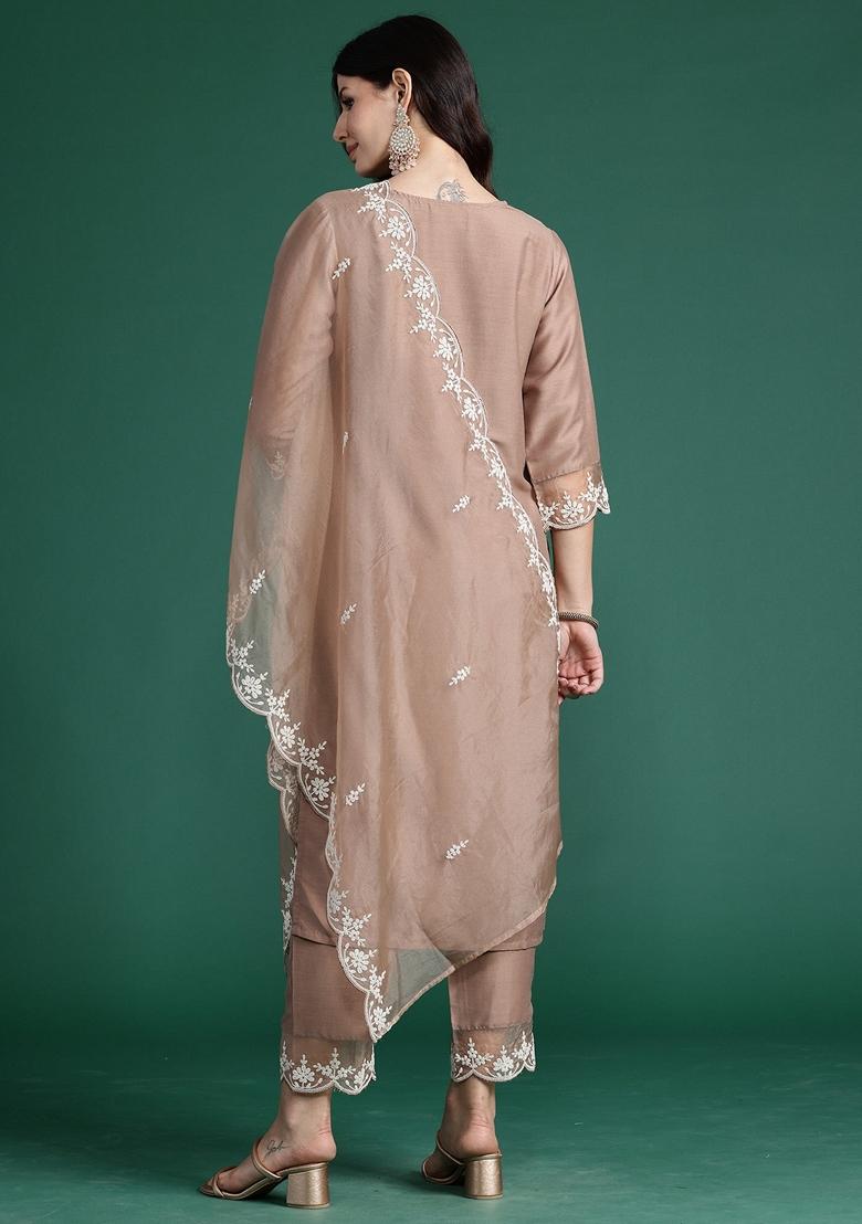 Brown Embroidered Silk Blend Salwar Kameez With Dupatta