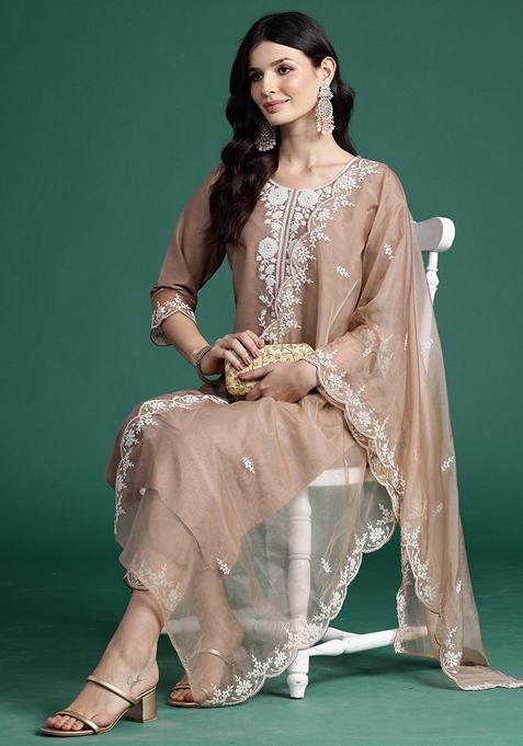 Brown Embroidered Silk Blend Salwar Kameez With Dupatta