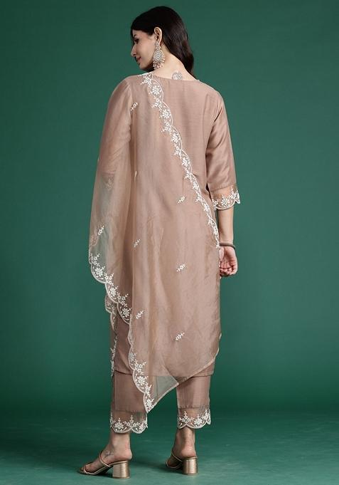 Brown Embroidered Silk Blend Salwar Kameez With Dupatta