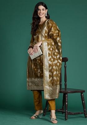 Mustard Yellow Woven Design Silk Blend Salwar Kameez With Dupatta