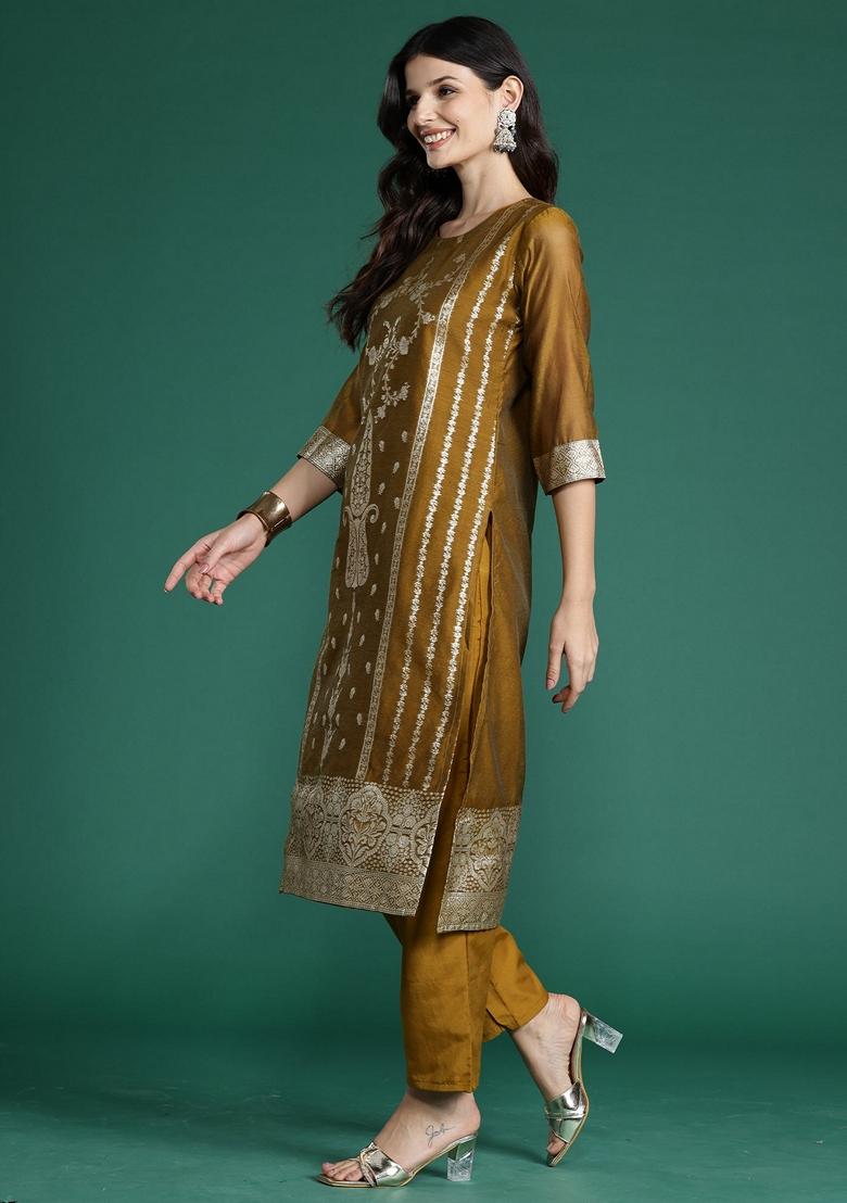 Mustard Yellow Woven Design Silk Blend Salwar Kameez With Dupatta