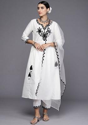 White Embroidered Silk Blend Salwar Kameez With Dupatta