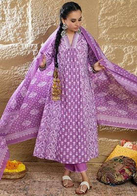 Lavender Printed Pure Cotton Salwar Kameez With Dupatta