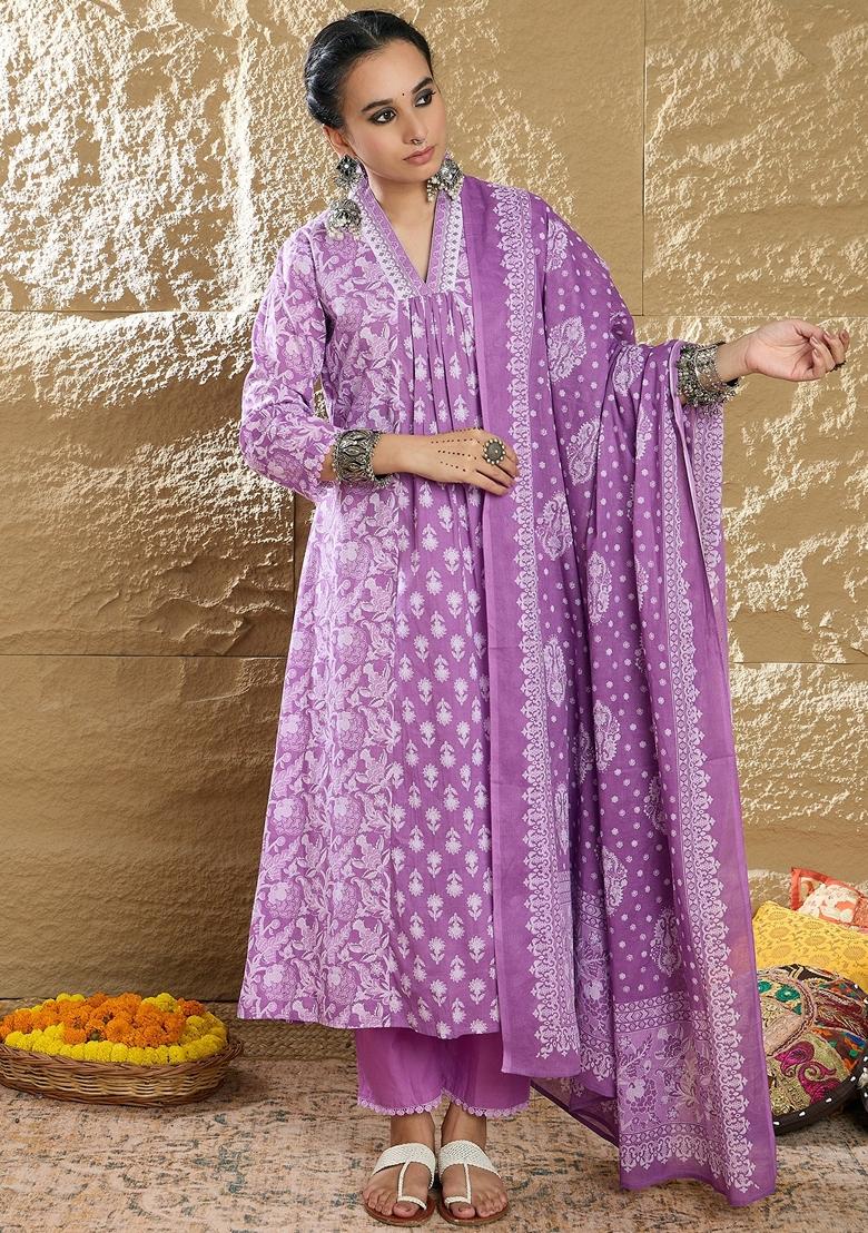 Lavender Printed Pure Cotton Salwar Kameez With Dupatta