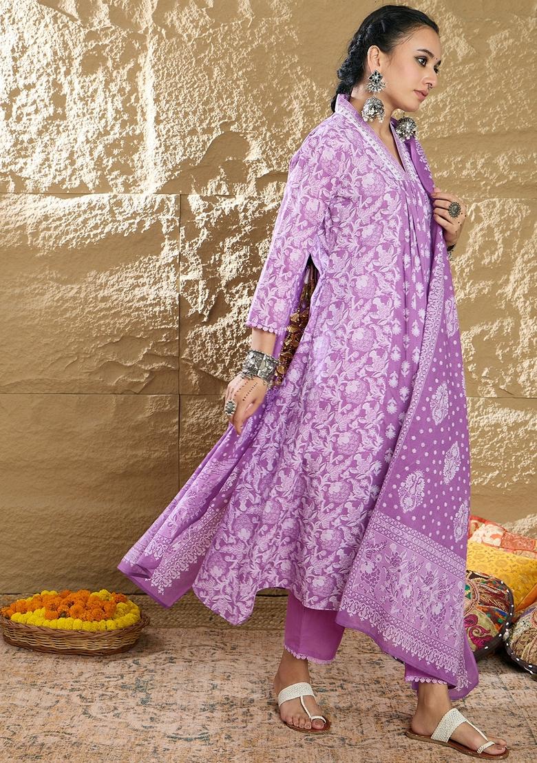 Lavender Printed Pure Cotton Salwar Kameez With Dupatta