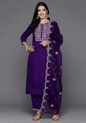 Purple Embroidered Silk Blend Salwar Kameez With Dupatta