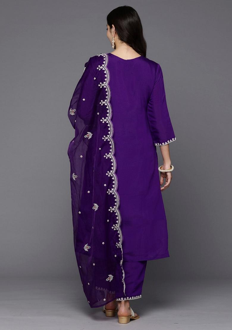 Purple Embroidered Silk Blend Salwar Kameez With Dupatta
