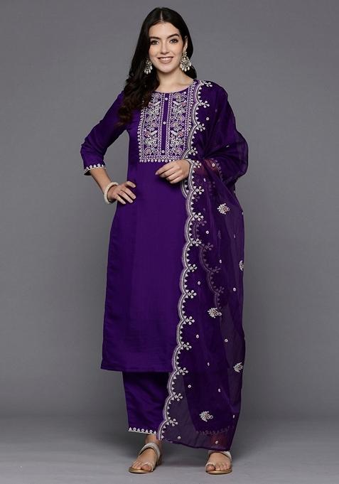 Purple Embroidered Silk Blend Salwar Kameez With Dupatta