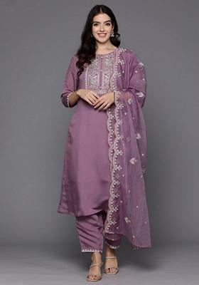 Lavender Embroidered Silk Blend Salwar Kameez With Dupatta